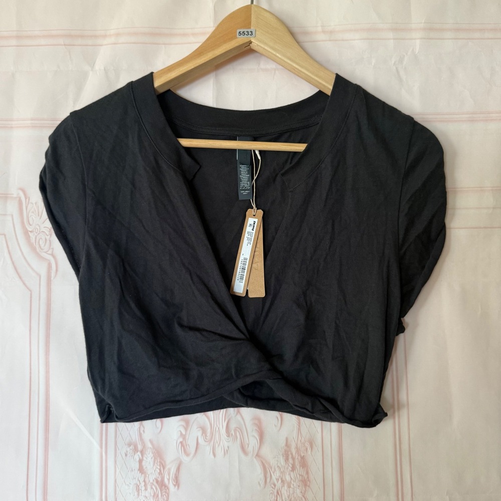 SKIMS Cotton Cover-Ups Plunge Twist Top Onyx Black Sz Small NWT